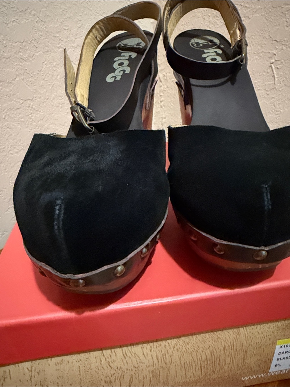 Flogg Black Suede & Tan Wood Platform Slingback Heels - Picture 2 of 7